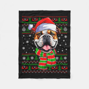 Bulldog Christmas Ugly Sweater Funny Santa Hat Dog Fleece Blanket