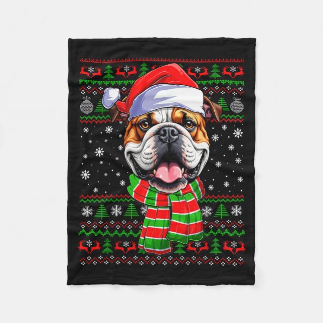 Bulldog Christmas Ugly Sweater Funny Santa Hat Dog Fleece Blanket (Front)