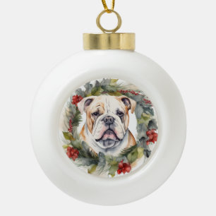 Bulldog Christmas Wreath Festive Pup  Ceramic Ball Christmas Ornament