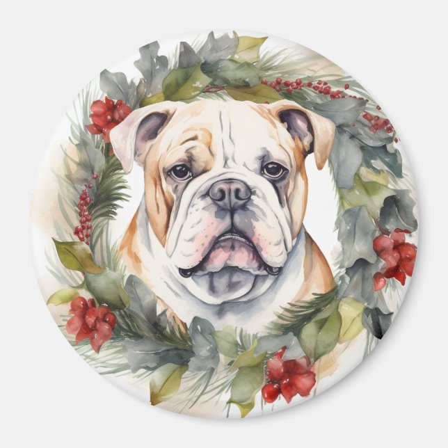 Bulldog Christmas Wreath Festive Pup  Magnet (Front)