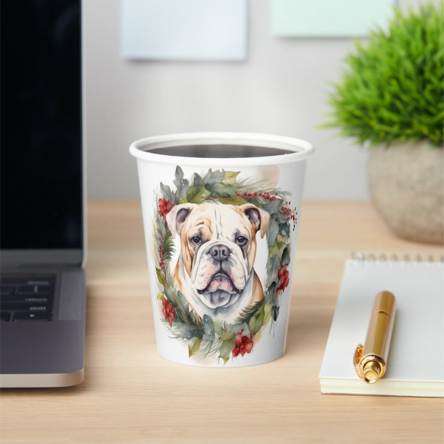 Bulldog Christmas Wreath Festive Pup  Paper Cups (Insitu)