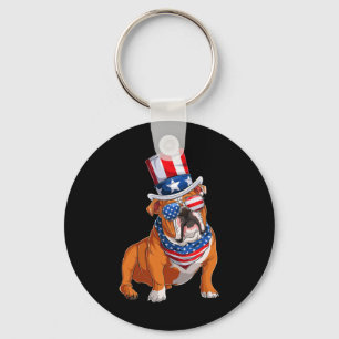 Bulldog Dog 4th Of July American Flag Keychain