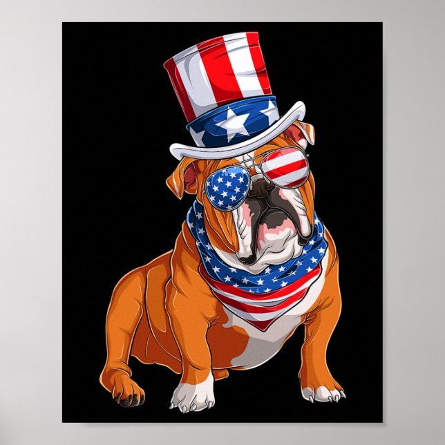 Bulldog Dog 4th Of July American Flag  Poster (Front)