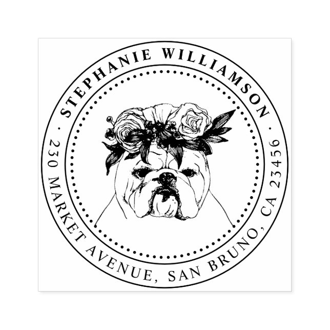 Bulldog Dog Illustration Name & Return Address Rubber Stamp (Imprint)