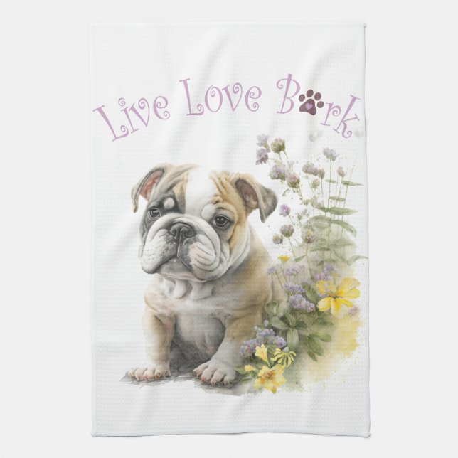 Bulldog Dog Mom Floral Kitchen Towel (Vertical)