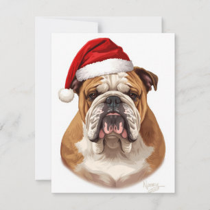 Bulldog Dog Santa Hat Merry Christmas Art Holiday Card