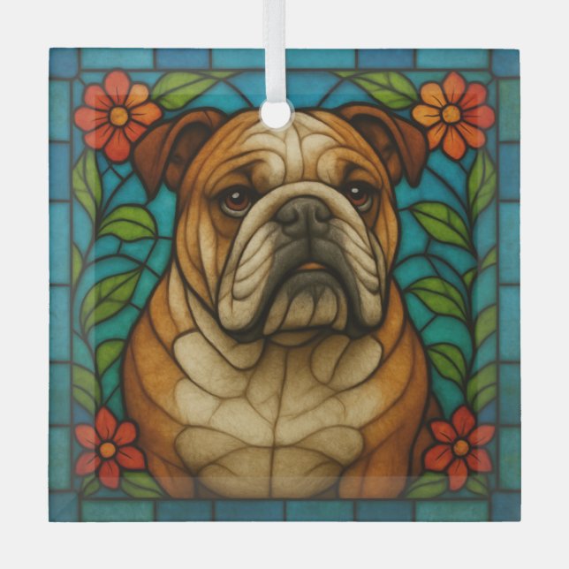 Bulldog Dog "Stained Glass"  Glass Ornament (Front)