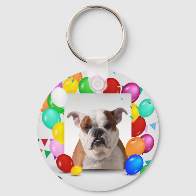 Bulldog Dog with colourful Balloons Birthday Theme Keychain (Front)