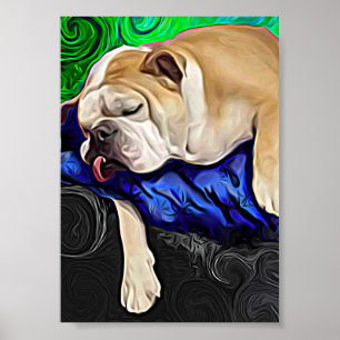 Bulldog dreams artistic sleeping dog poster