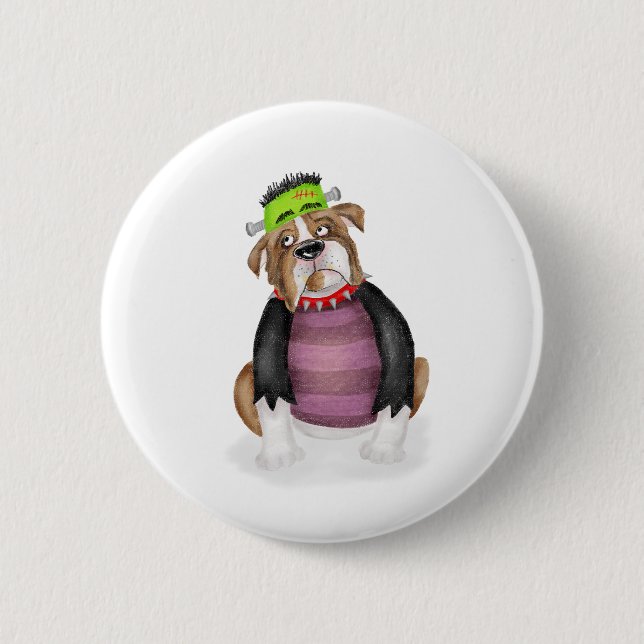 Bulldog dressed as Frankenstein's Monster badge 2 Inch Round Button (Front)