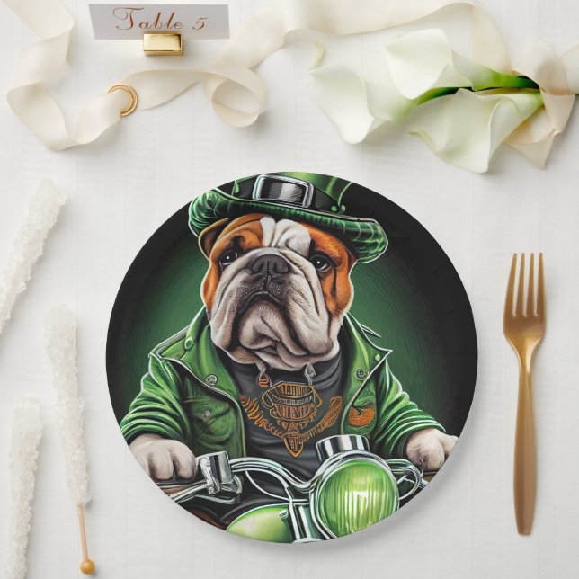 Bulldog Driving Bike St. Patrick's Day Paper Plate (Wedding)