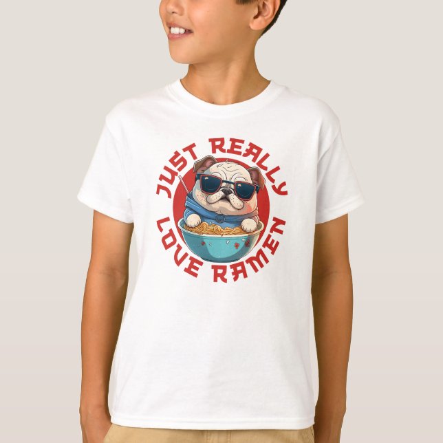 bulldog eating ramen, love eating noodles T-Shirt (Front)