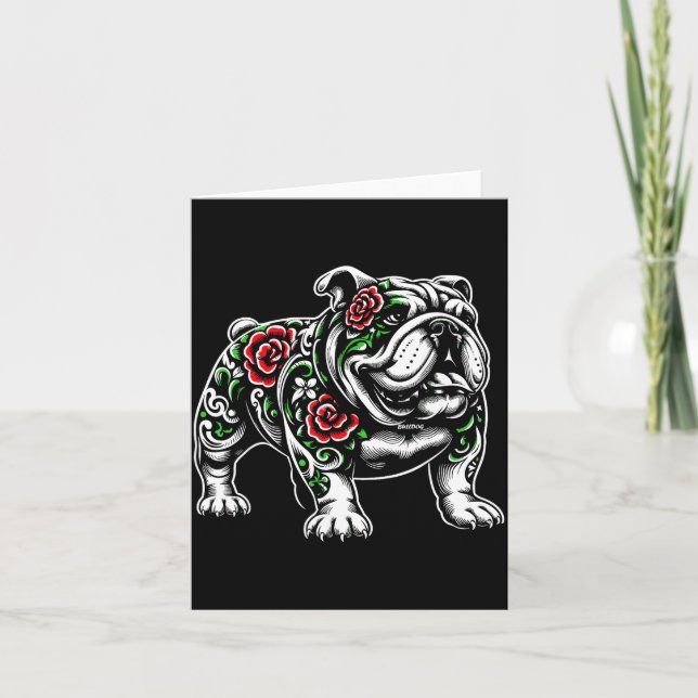 Bulldog Floral Red Rose Mens Womens  Card (Front)