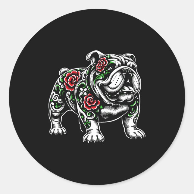 Bulldog Floral Red Rose Mens Womens  Classic Round Sticker (Front)