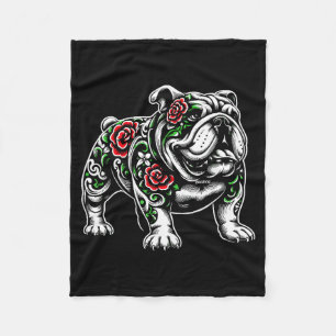 Bulldog Floral Red Rose Mens Womens  Fleece Blanket