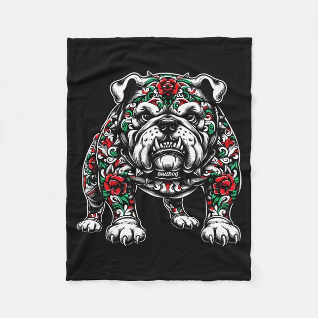 Bulldog Floral Red Rose Mens Womens  Fleece Blanket (Front)