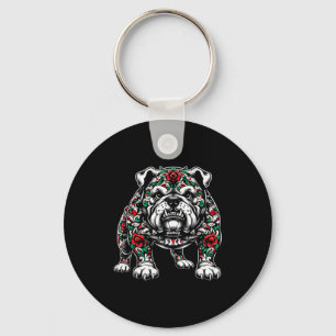 Bulldog Floral Red Rose Mens Womens  Keychain