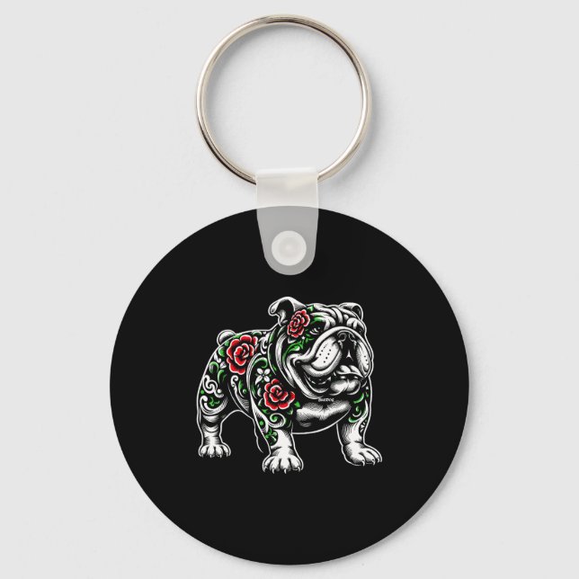 Bulldog Floral Red Rose Mens Womens  Keychain (Front)