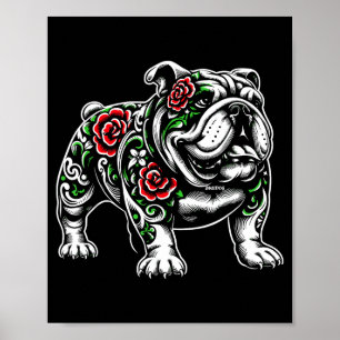 Bulldog Floral Red Rose Mens Womens  Poster