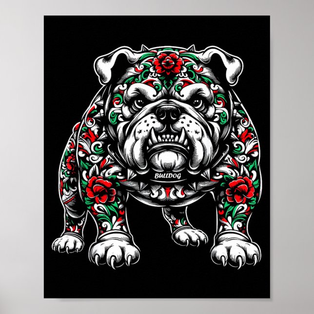 Bulldog Floral Red Rose Mens Womens  Poster (Front)