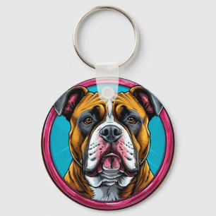 Bulldog Framed in a Circular Decorative Design Keychain
