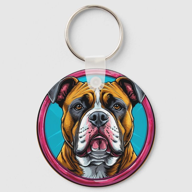 Bulldog Framed in a Circular Decorative Design Keychain (Front)