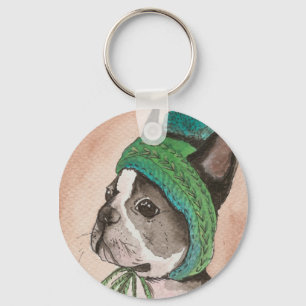 Bulldog Frances con gorro de lana Keychain