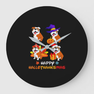 Bulldog Halloween And Merry Christmas Happy Hallot Large Clock