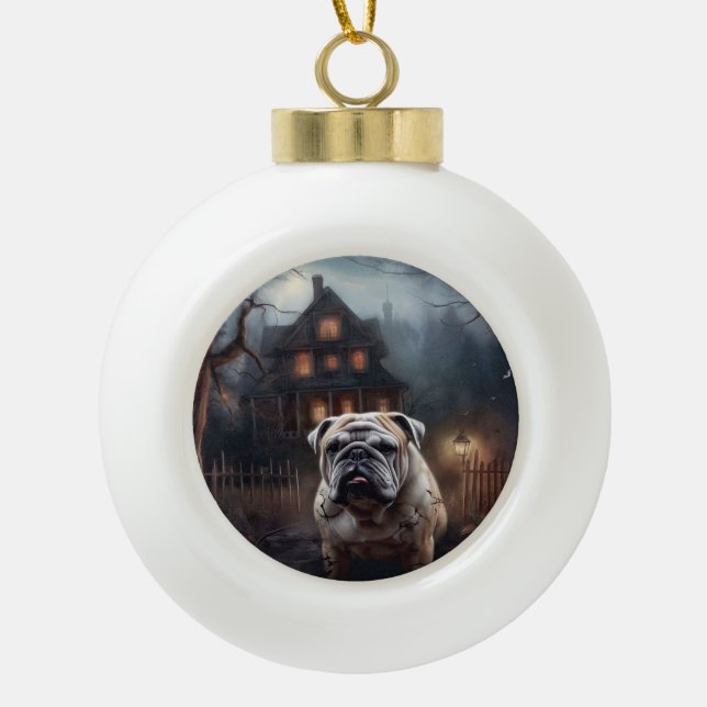 Bulldog Halloween Scary  Ceramic Ball Christmas Ornament (Front)