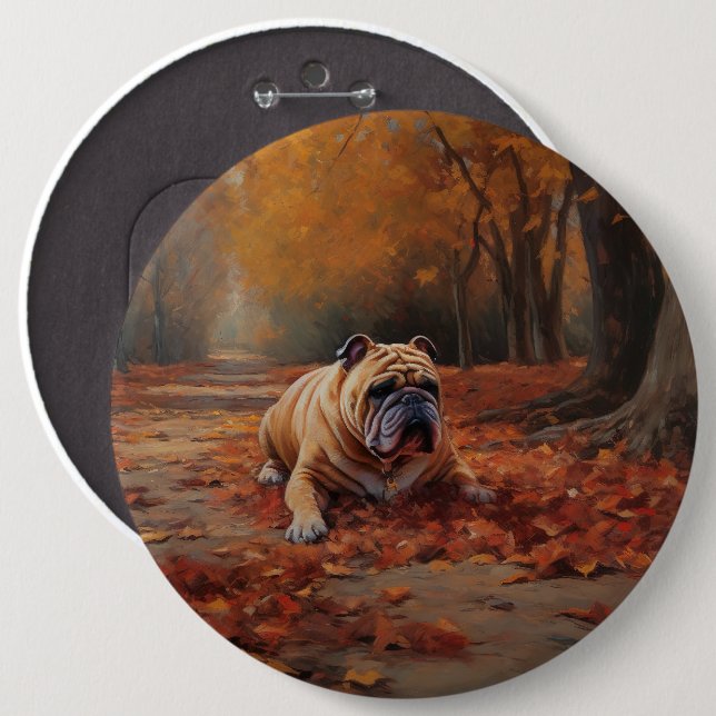 Bulldog in Autumn Leaves Fall Inspire  6 Inch Round Button (Front & Back)