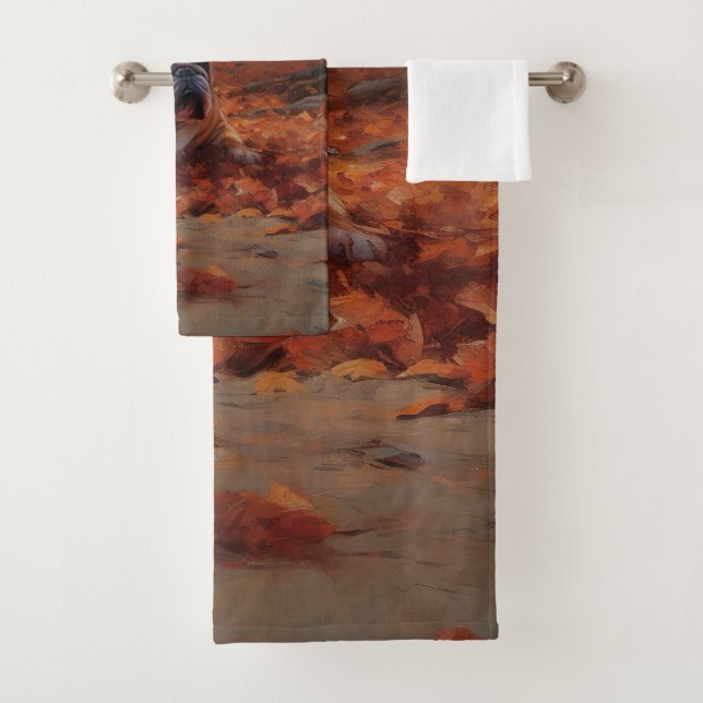 Bulldog in Autumn Leaves Fall Inspire  Bath Towel Set (Insitu)