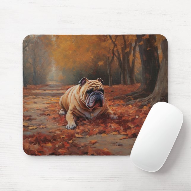 Bulldog in Autumn Leaves Fall Inspire  Mouse Pad (With Mouse)