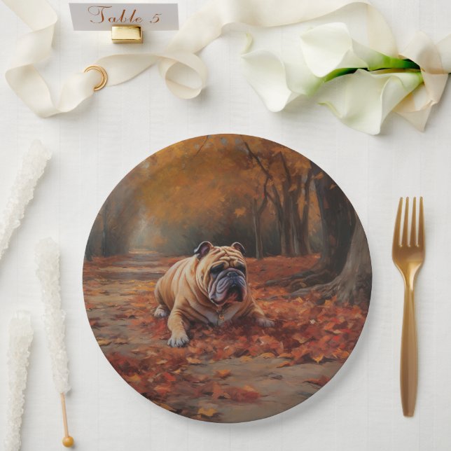 Bulldog in Autumn Leaves Fall Inspire  Paper Plate (Wedding)