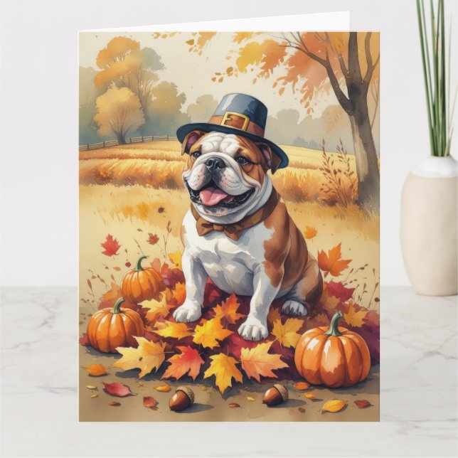 Bulldog In Autumn Leaves Thanksgiving Art Card (Front)
