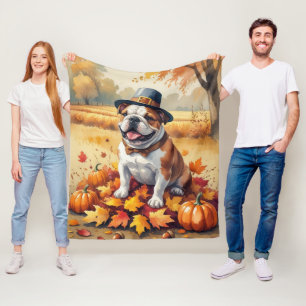 Bulldog In Autumn Leaves Thanksgiving Art Fleece Blanket