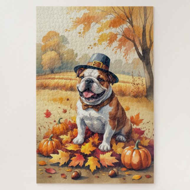 Bulldog In Autumn Leaves Thanksgiving Art Jigsaw Puzzle (Vertical)