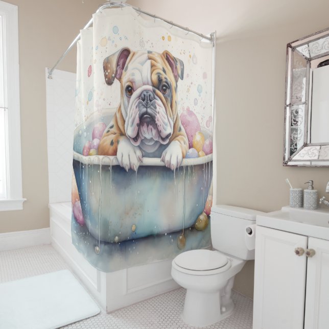 Bulldog  In Bathtub Watercolor Dog Art (In Situ)