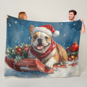 Bulldog in Sledge Let it Snow Christmas Fleece Blanket