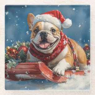 Bulldog in Sledge Let it Snow Christmas Glass Coaster