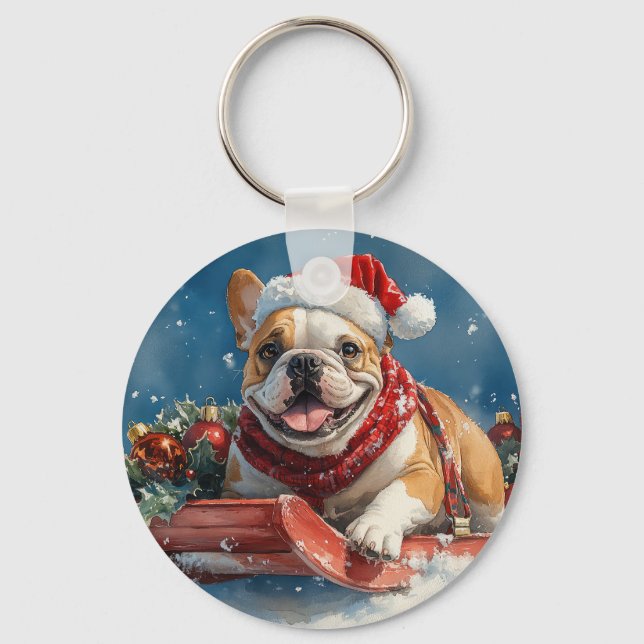 Bulldog in Sledge Let it Snow Christmas Keychain (Front)