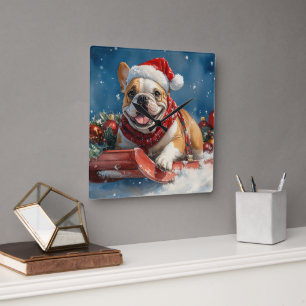 Bulldog in Sledge Let it Snow Christmas Square Wall Clock