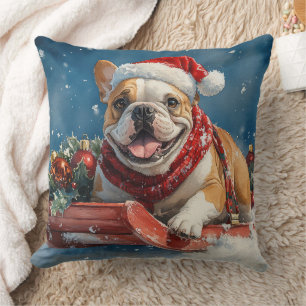 Bulldog in Sledge Let it Snow Christmas Throw Pillow