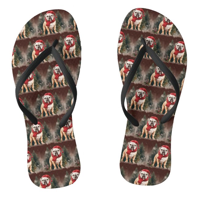 Bulldog in Snow Christmas Flip Flops (Footbed)
