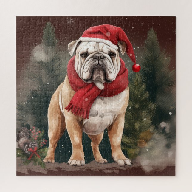 Bulldog in Snow Christmas Jigsaw Puzzle (Vertical)