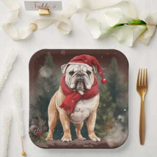 Bulldog in Snow Christmas Paper Plate