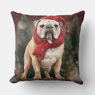 Bulldog in Snow Christmas Throw Pillow