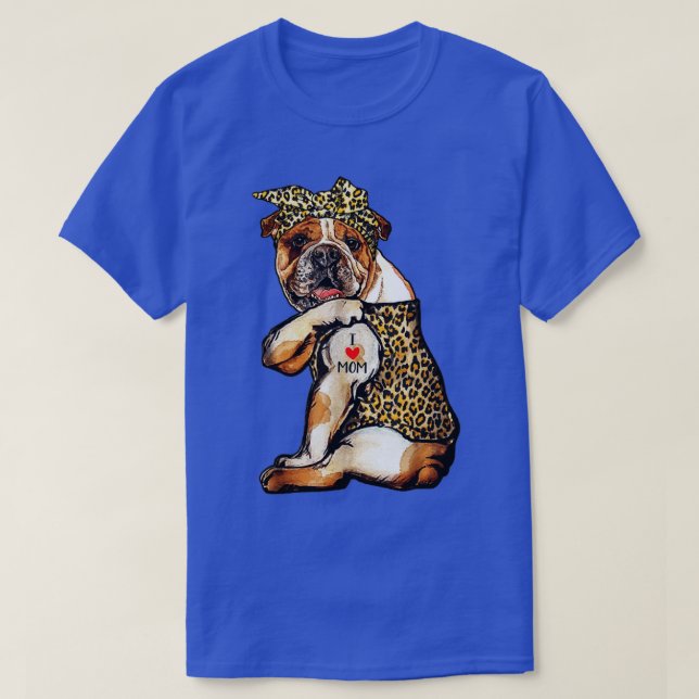Bulldog Leopard Bandana Tattoo I Love Mom T-Shirt (Design Front)