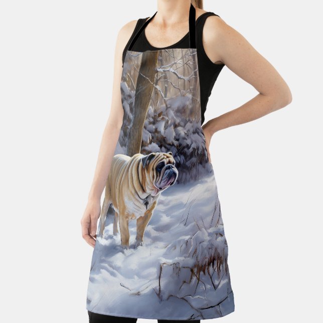 Bulldog Let It Snow Christmas Brushed  Apron (Insitu)