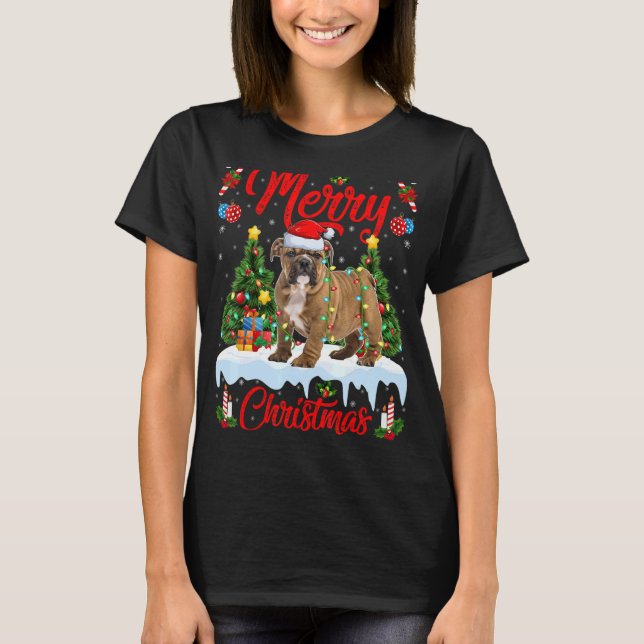 Bulldog Lights Xmas Tree Santa Bulldog Christmas T-Shirt (Front)