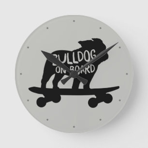 Bulldog on Board   Skateboarding Dog Silhouette Round Clock